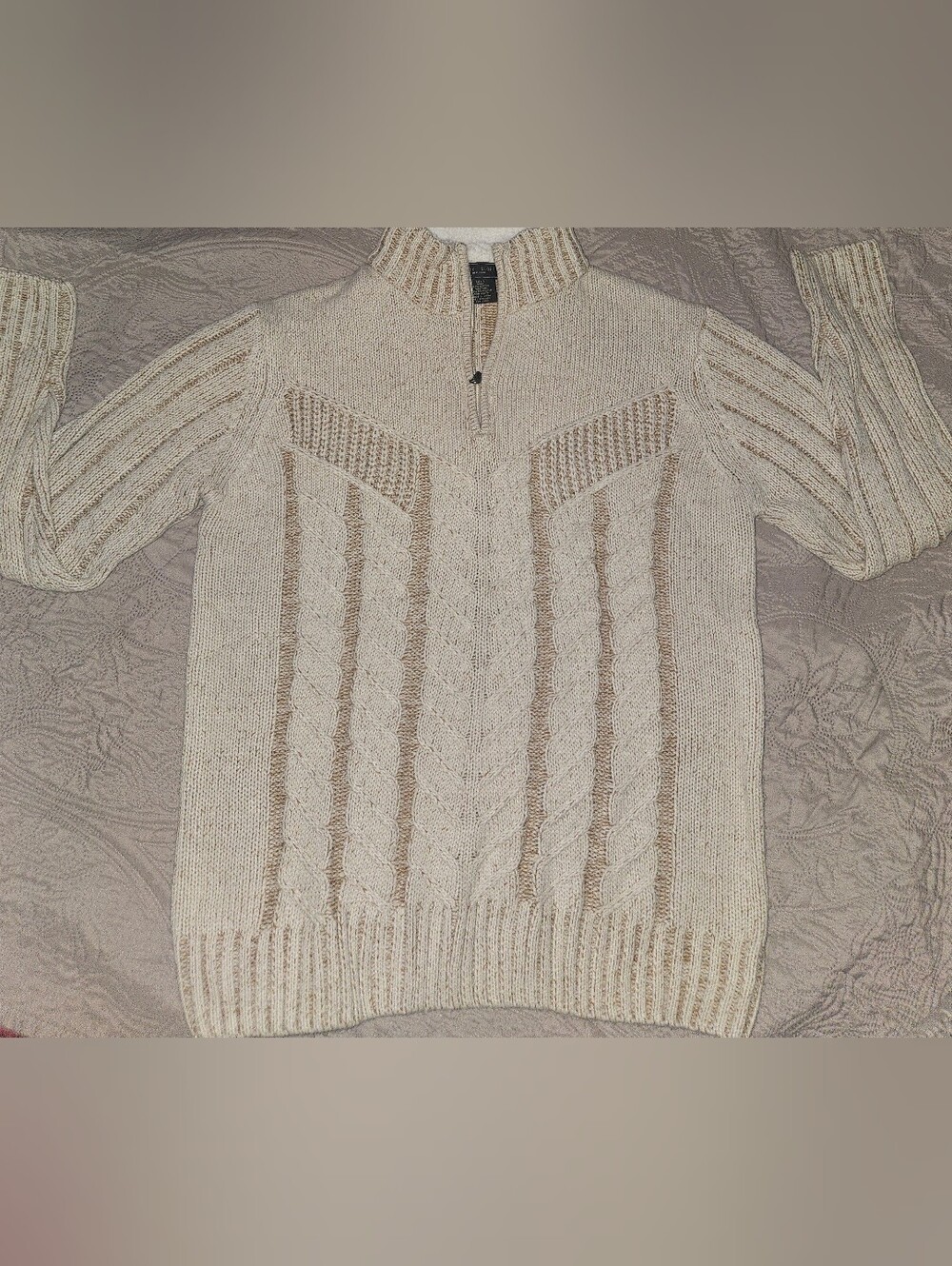Men's Cream Cable-Knit Half-Zip Turtleneck Sweater